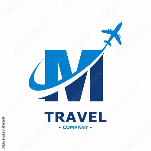 Abstract letter M with plane and airline logo vector design. Suitable for travel label, tourism, journey posters, flight company advertising, airways identity, and tech transportation