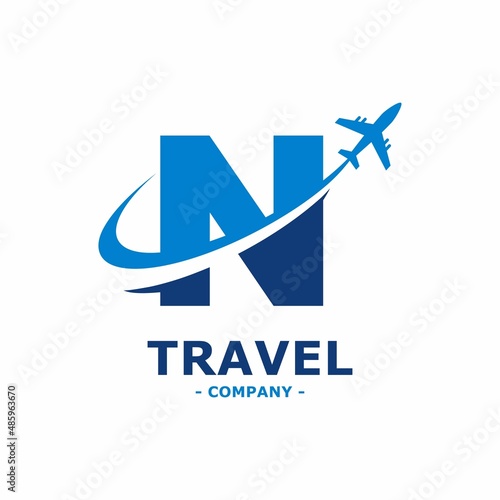 Abstract letter N with plane and airline logo vector design. Suitable for travel label, tourism, journey posters, flight company advertising, airways identity, and tech transportation