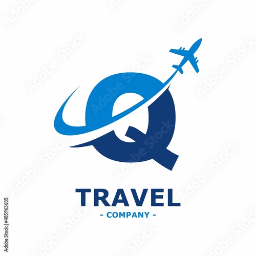 Abstract letter Q with plane and airline logo vector design. Suitable for travel label, tourism, journey posters, flight company advertising, airways identity, and tech transportation