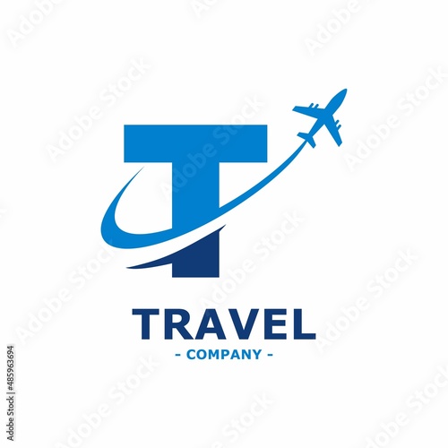 Abstract letter T with plane and airline logo vector design. Suitable for travel label, tourism, journey posters, flight company advertising, airways identity, and tech transportation