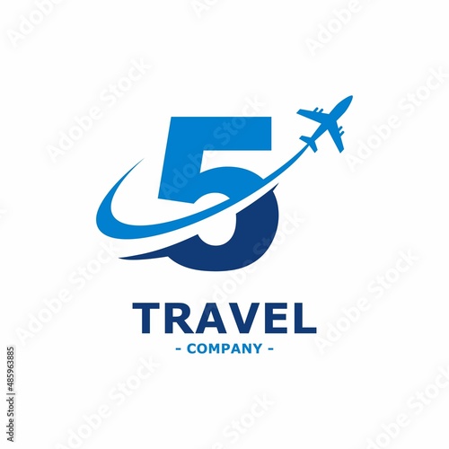 Abstract Number  5 with plane and airline logo vector DESIGN. Suitable for travel label, tourism, journey posters, flight company advertising, airways identity, and tech transportation