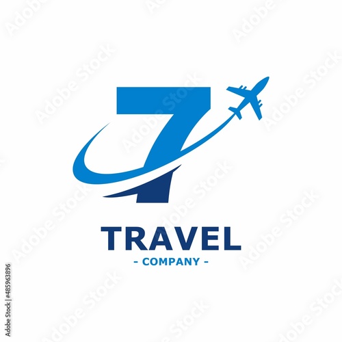 Abstract Number 7  with plane and airline logo vector DESIGN. Suitable for travel label, tourism, journey posters, flight company advertising, airways identity, and tech transportation