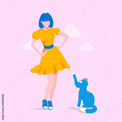 Girl in the orange dress with cute blue cat in flat style