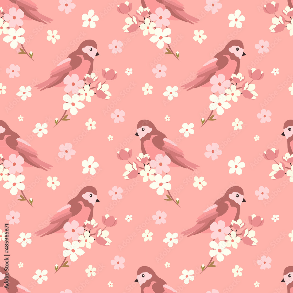 vector seamless pattern with cherry blossom branches and cute birds. spring pattern in flat style for printing on fabric, clothing, wrapping paper