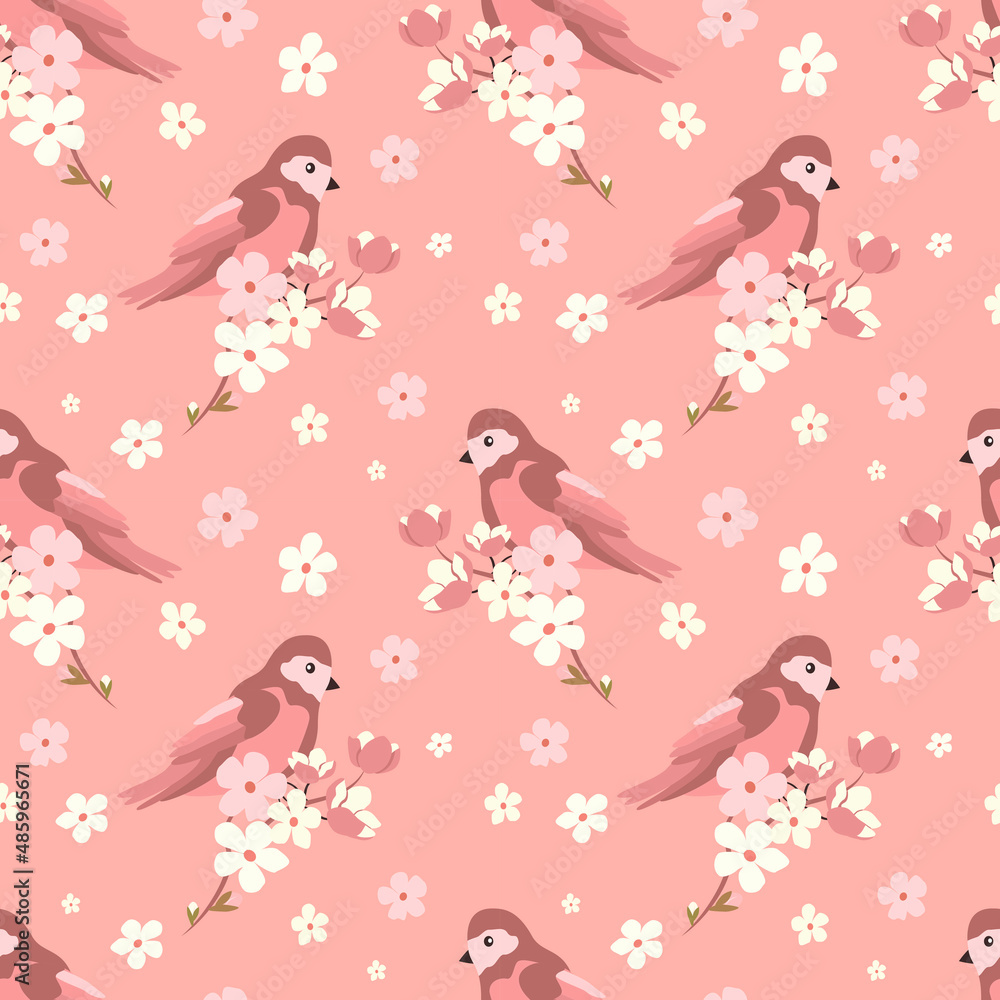 vector seamless pattern with cherry blossom branches and cute birds. spring pattern in flat style for printing on fabric, clothing, wrapping paper vector seamless pattern with cherry blossom branches and cute birds. spring pattern in flat style for printing on fabric, clothing, wrapping paper