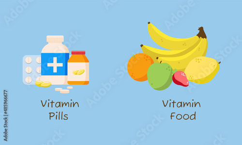 Vector illustration of vitamin pills vs. natural food. Healthy eating concept. Flat style.