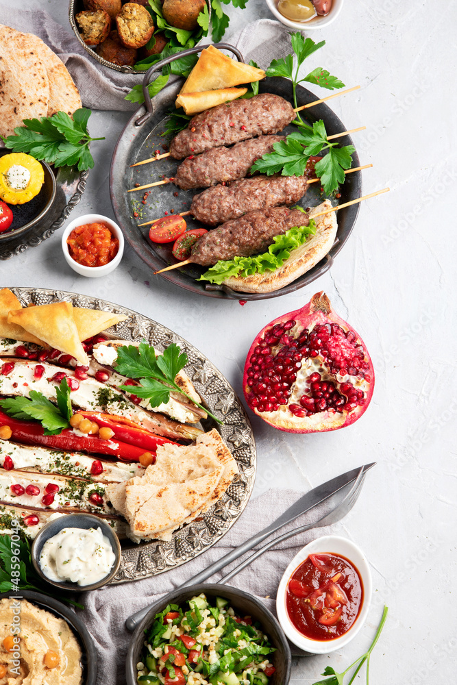 Lebanese food assortment on light background. Lebanese food assortment on light background.