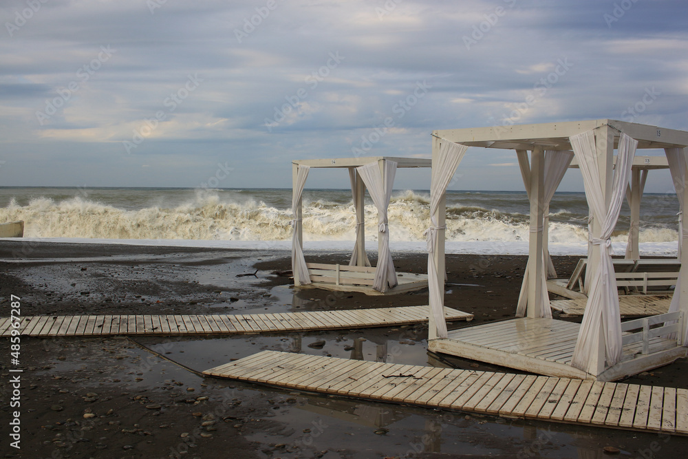 Storm on the Black Sea on the Riviera beach in the city of Sochi