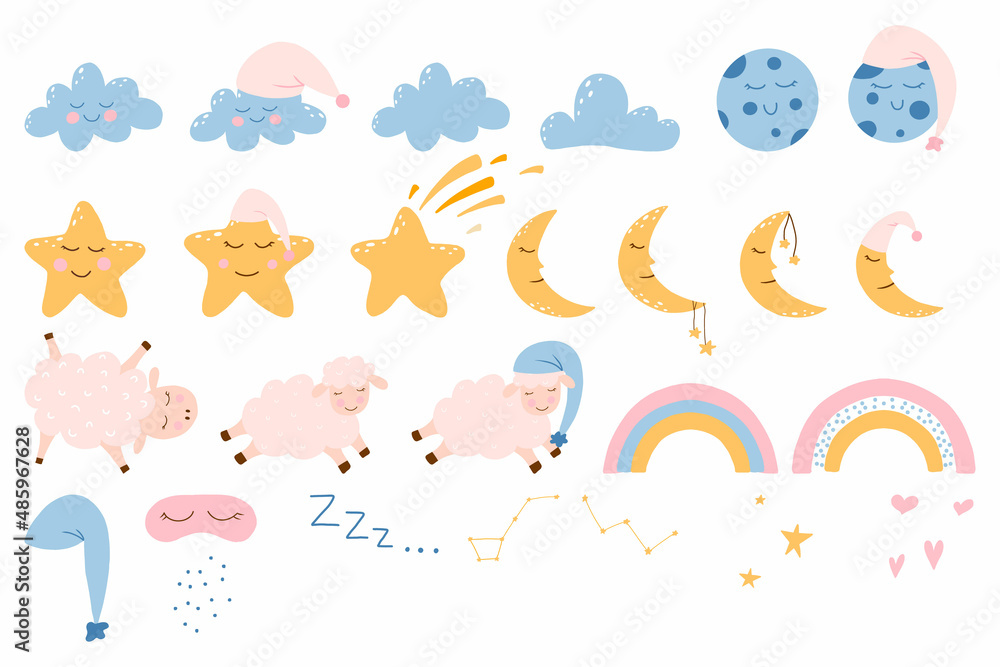  Vector set of good night. Good night elements. Cute sheep, stars, clouds, moon and rainbow.