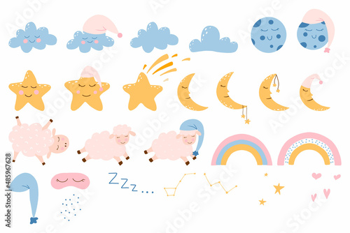  Vector set of good night. Good night elements. Cute sheep  stars  clouds  moon and rainbow.