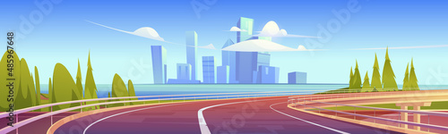 Overpass highway, empty road with cityscape view with skyscraper buildings and modern houses over sea landscape. Two-lane asphalted way, urban skyline summer day landscape, Cartoon vector illustration
