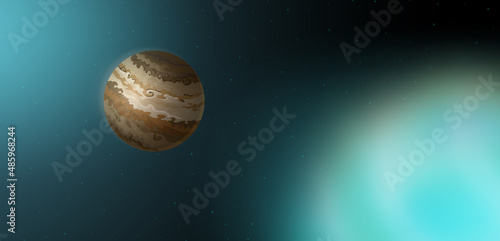 Jupiter, fifth planet in Solar system in outer space. Vector cartoon illustration of cosmos background with stars, brown gas giant planet and blurry Earth sphere