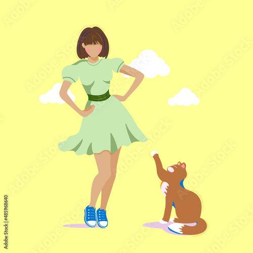 dark-skinned girl in green dress with cute brown cat in flat style
