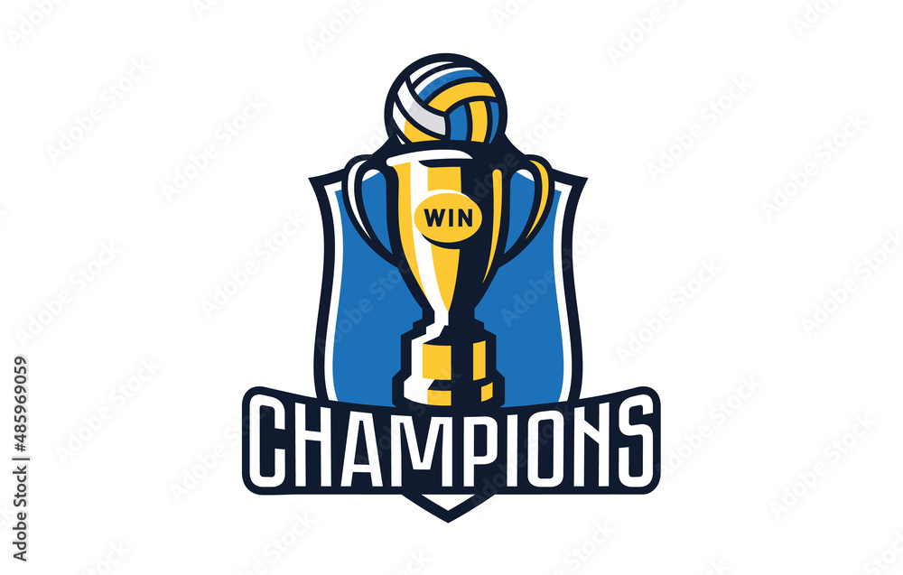 Volleyball champions logo, emblem. Colorful emblem of the cup with a ball on the background of the shield. Volleyball champions logo template, championship winners, league cup. Vector illustration