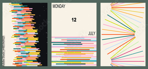 A set of three colorful aesthetic geometric backgrounds. Minimalist social media posters, cover designs, web, home decor. Vintage illustrations with stripes, shapes, circles, lines, rectangles.