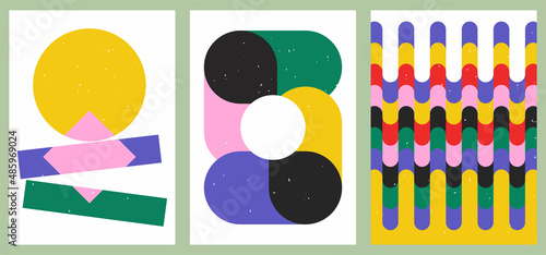 A set of three colorful aesthetic geometric backgrounds. Minimalist social media posters, cover designs, web, home decor. Vintage illustrations with stripes, shapes, circles, lines, rectangles.