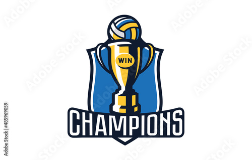 Volleyball champions logo, emblem. Colorful emblem of the cup with a ball on the background of the shield. Volleyball champions logo template, championship winners, league cup. Vector illustration