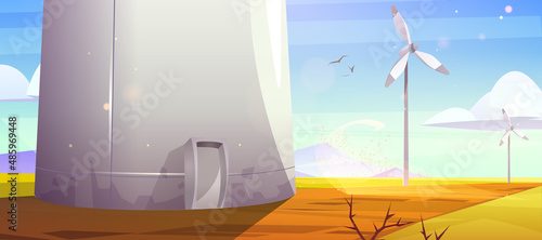 Sustainable energy farm with wind turbines. Vector cartoon illustration of alternative power generation with summer landscape with base of windmill tower and mountains