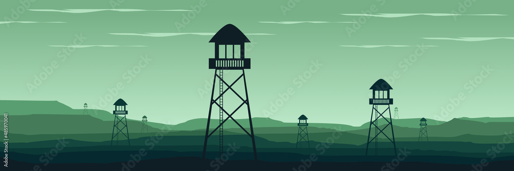 watch tower in mountain flat design vector illustration good for  wallpaper, backdrop, background, web banner, and design template