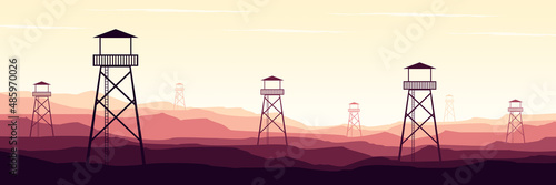 watch tower in mountain flat design vector illustration good for  wallpaper, backdrop, background, web banner, and design template