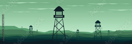 watch tower in mountain flat design vector illustration good for  wallpaper, backdrop, background, web banner, and design template