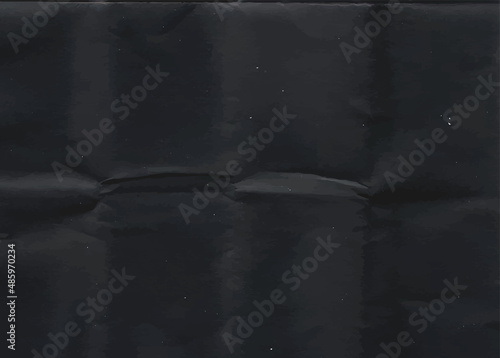 Crumpled black paper texture. Abstract dark background with wrinkled cardboard texture. Vector illustration of a realistic origami page card folded and then unfolded sheet of paper.