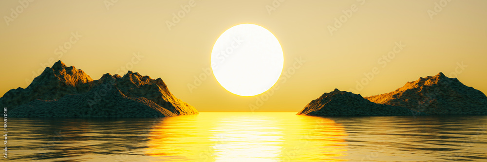 Sunset in the middle of the sea between the islands. The golden rays of the evening sunset. The morning sun is rising in the middle of the sea. 3D Rendering