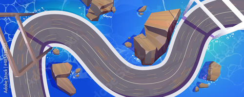 Road or bridge top view, winding highway over sea water surface. Cartoon overhead background with modern city infrastructure, two lane curve asphalt pathway, route direction Vector illustration