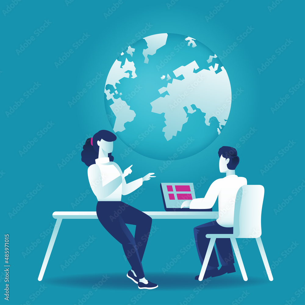 Teamwork and development concept. People brainstorming showing world globe. Vector illustration Teamwork and development concept. People brainstorming showing world globe. Vector illustration