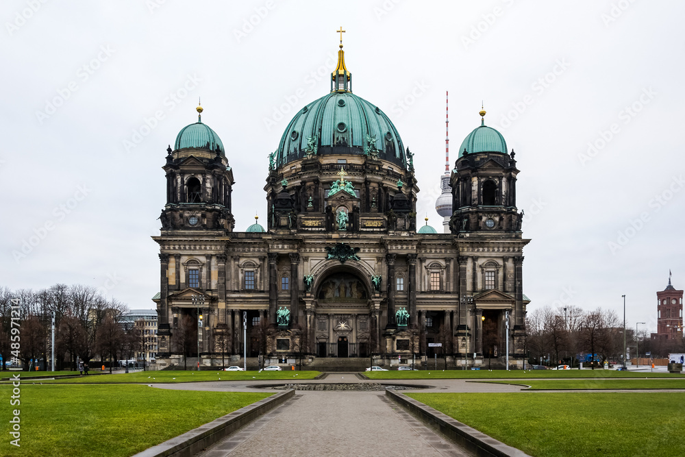 View of the Berliner Dom (Berlin Cathedral), a monumental German Evangelical church and dynastic tomb (House of Hohenzollern) on the Museum Island in central Berlin