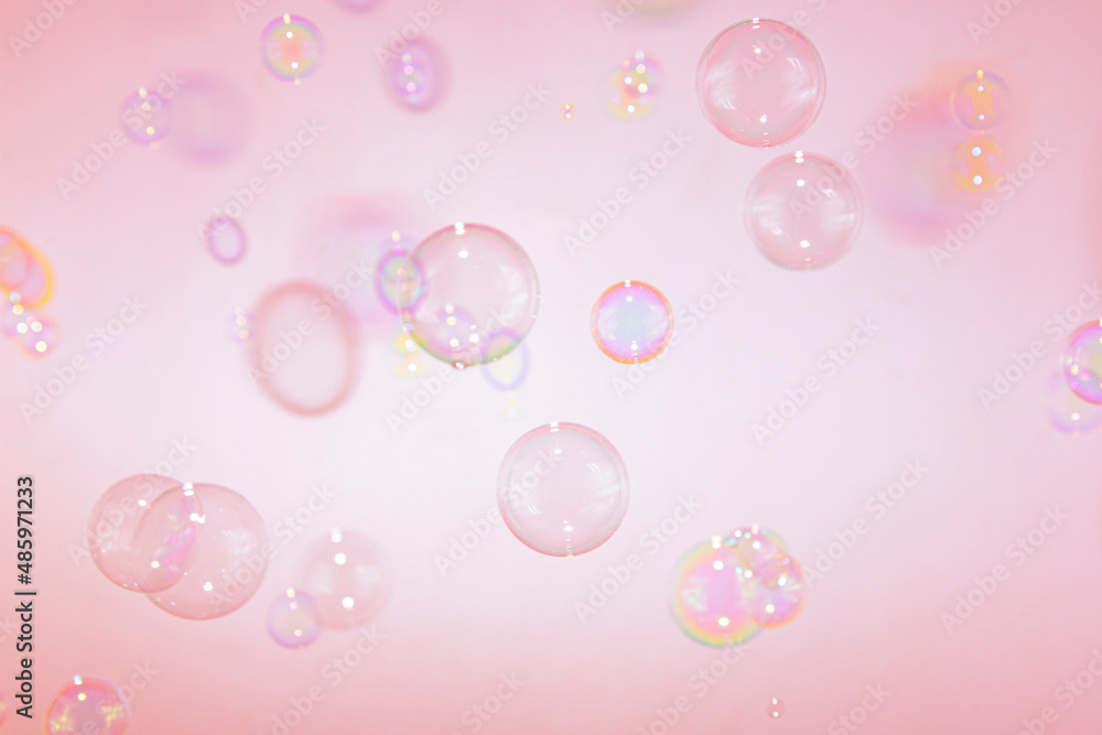 Beautiful Transparent Pink Soap Bubbles Texture Background.	