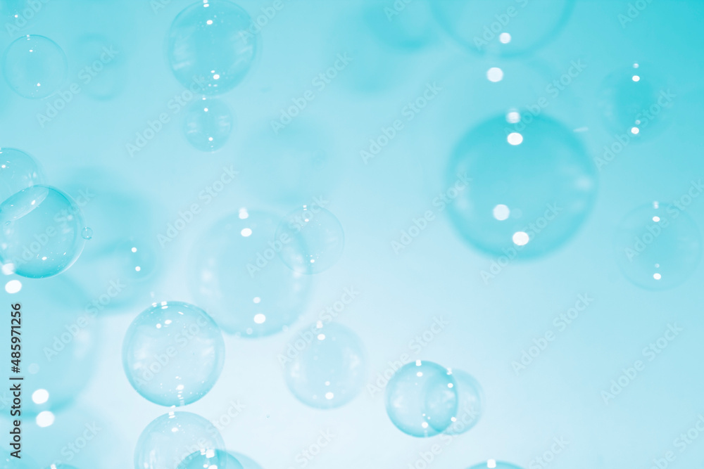 Beautiful Transparent Colorful Blue Soap Bubbles Texture Background.	