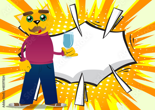 Funny cartoon cat with a glass of water. Vector illustration. Cute orange, yellow haired young kitten.