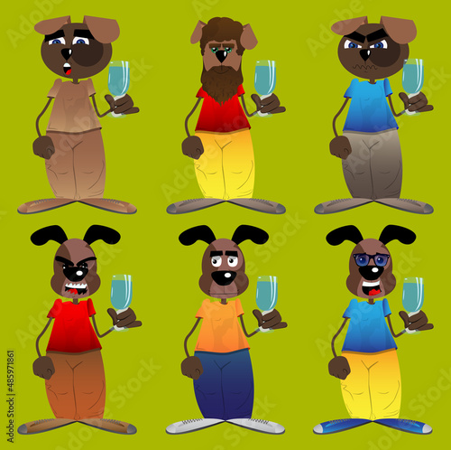 Funny cartoon dog with a glass of water. Vector illustration.