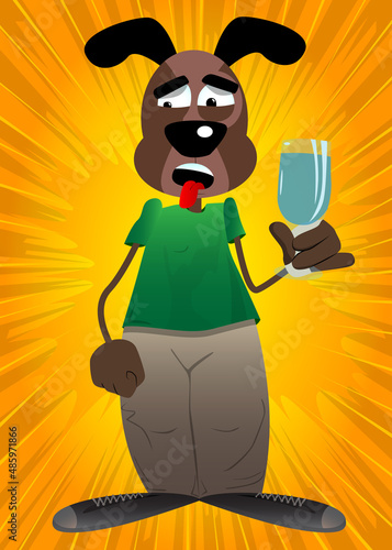 Funny cartoon dog with a glass of water. Vector illustration.