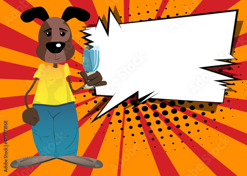 Funny cartoon dog with a glass of water. Vector illustration.