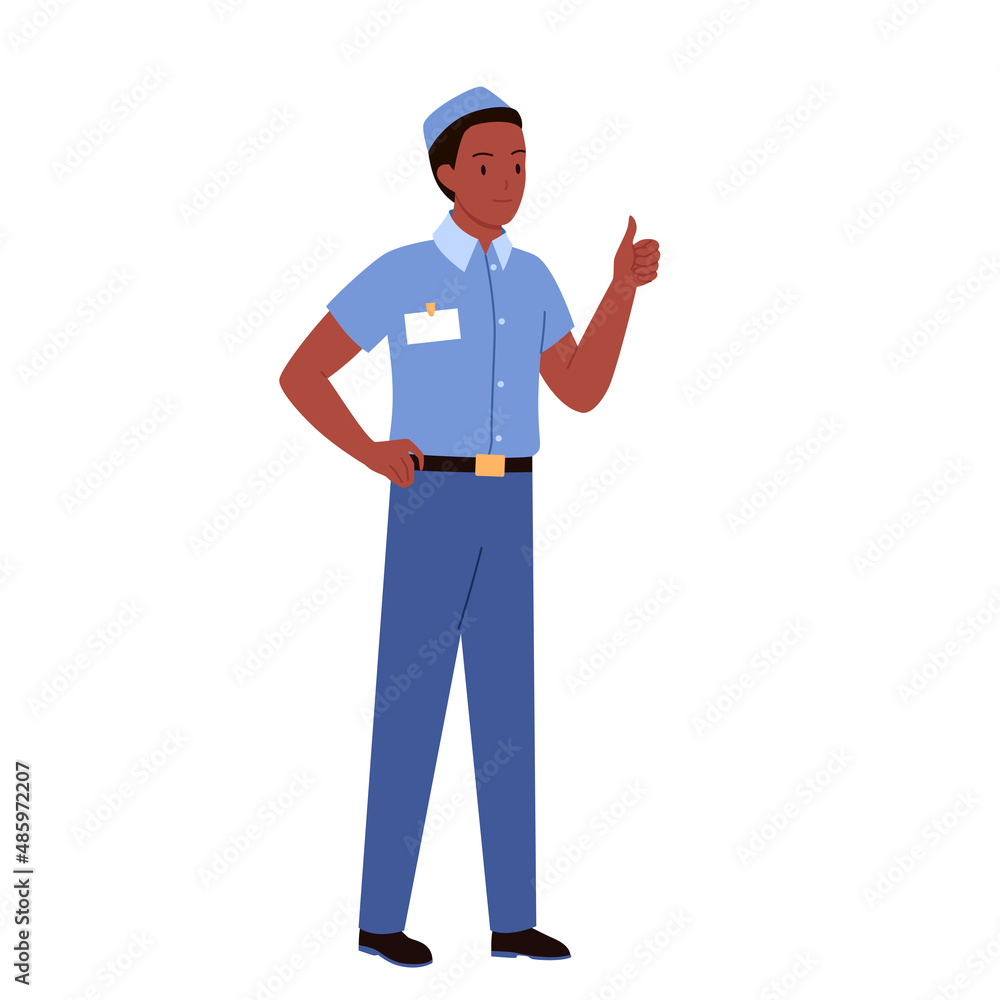 African american man seller showing thumb up. Male salesman giving positive finger gesture flat vector illustration African american man seller showing thumb up. Male salesman giving positive finger gesture flat vector illustration