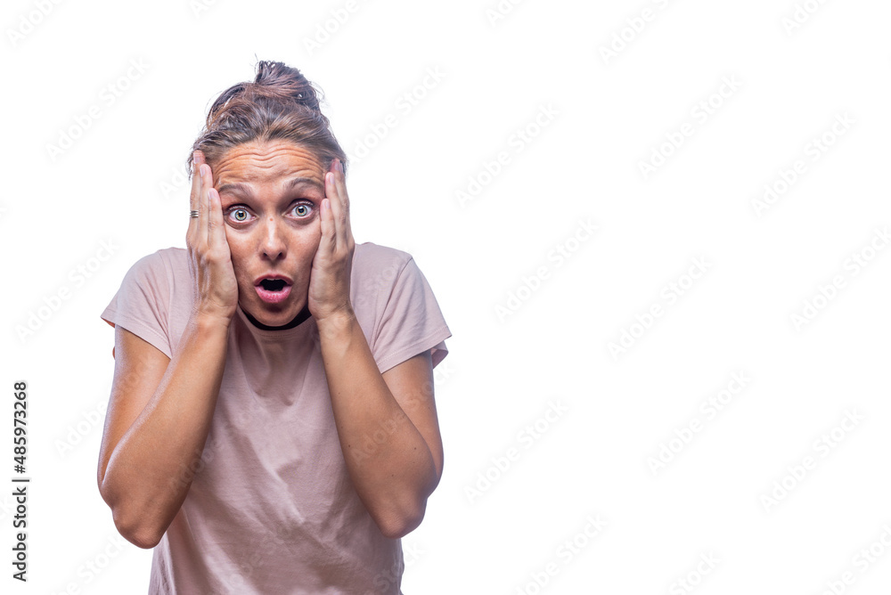 surprised adult woman with hands on face looking at camera surprised adult woman with hands on face looking at camera