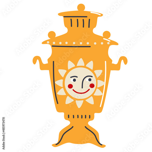An old samovar for the Maslenitsa holiday with a picture of the sun. Russian traditions. Vector isolated illustration on a white background