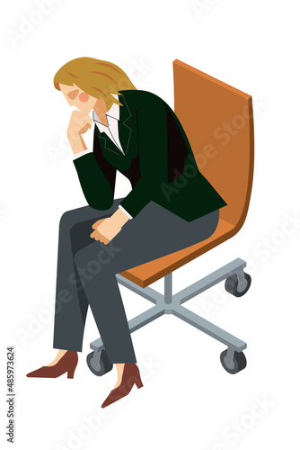 The Thinker、ロダンの考える人のポーズで座る8等身のビジネスマン、白人女性のアバター、イラスト　インフォグラフィックス、鬱病
