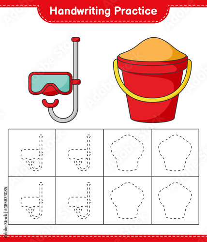 Handwriting practice. Tracing lines of Sand Bucket and Scuba Diving Mask. Educational children game, printable worksheet, vector illustration