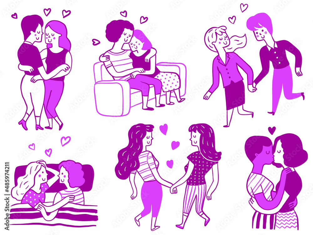 Cute character doodle illustration set of lesbian couple in love and romantic moment together. Multiracial, diversity, and different people. Hand drawn sketch design, outline, thin line art.