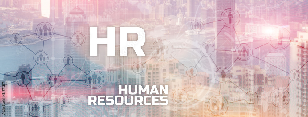 HR - Human resources management and recruitment concept on modern city. Double exposure people network structure HR - Human resources management and recruitment concept on modern city. Double exposure people network structure
