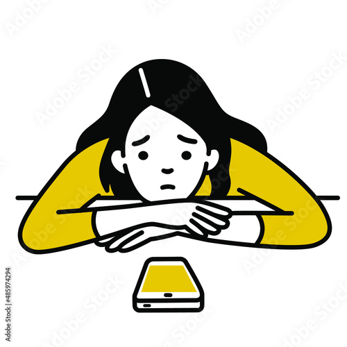 Cute character of worried woman looking at smartphone in waiting of message or phone call. Outline, linear, thin line art, hand drawn sketch, simple style.