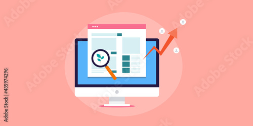 Organic SEO, increasing web traffic and seo ranking with data driven marketing campaign, search engine algorithm friendly strategy development. Flat design web banner template.