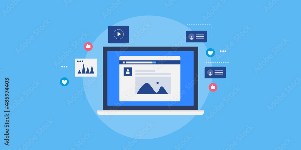 Social media website on laptop screen, digital networking and communication strategy, online interaction marketing concept. Flat design web banner template with blue background.