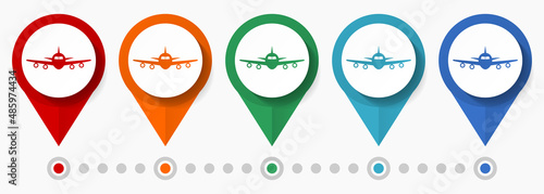 Plane, airplane, travel concept vector icon set, flat design flight pointers, infographic template