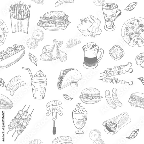 Seamless pattern with fast food, engraved sketch. Classic burger, package of French fries, fried crispy chicken leg, barbecue, grilled sausages, shawarma, hot dog and pizza.