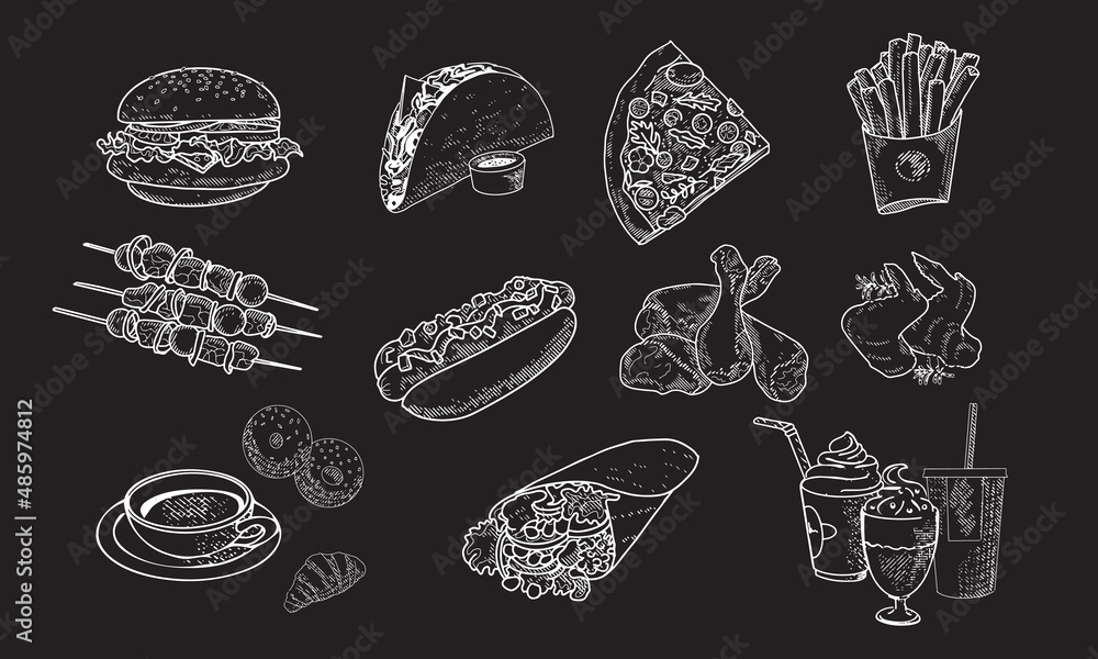 A set of fast food lunch dishes on a blackboard with chalk. Classic burger, package of French fries, fried crispy chicken leg, barbecue, grilled sausages, shawarma, hot dog and pizza.