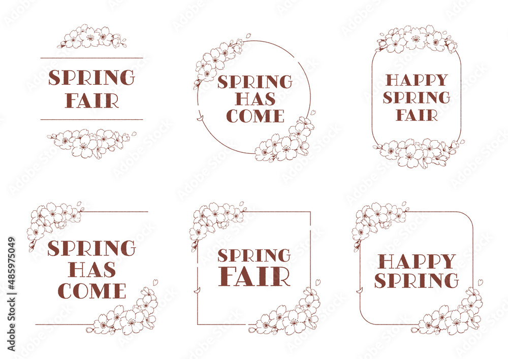 Fototapeta premium 手描きの桜のシンプルでかわいい春のフレームイラストA 線画 文字あり